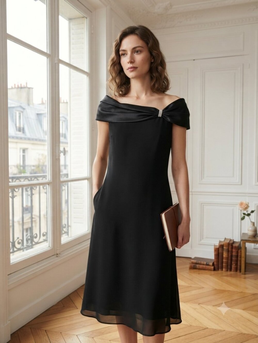 NWT The Look Randolph Duke Black Sleeveless Midi Dress with Draped Neckline - 14